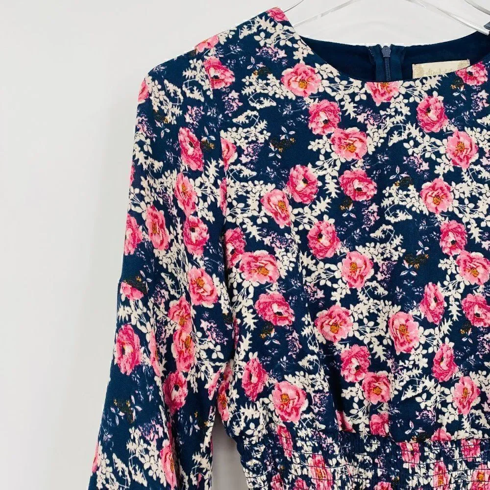 Altar'd State Size XS Navy Blue & Pink Floral Claudine Bell Sleeve Boho Dress - Picture 5 of 10